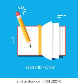 Year End Summary review vector concept, notebook with pencil writing note, journalism and interviews flat 3d illustration on blue background 