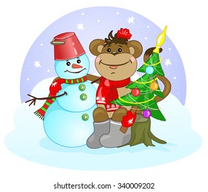 Year of fiery red monkey. New Year 2016. Vector card. Naughty monkey with a Christmas tree in his hand sitting in an embrace with snowman. Christmas balls and garlands on a Christmas tree. Snowing.