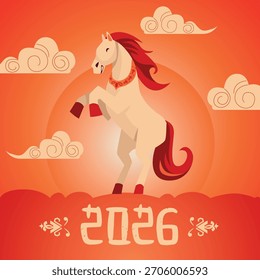 Año del Caballo de Fuego 2026, adecuado para diseños de Año Nuevo Lunar, calendarios, tarjetas de felicitación, carteles, marcas y proyectos decorativos. Composición limpia, elegante y festiva para celebrar el 2026