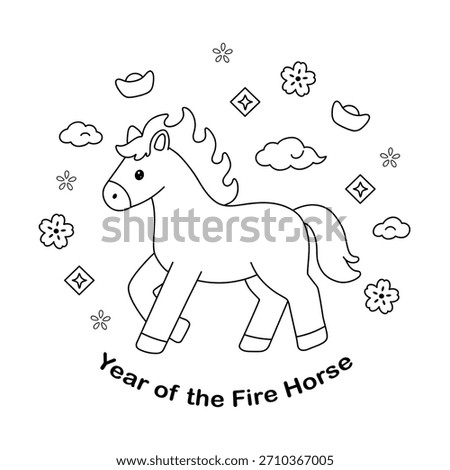Year of the Fire Horse coloring pages. Chinese New Year worksheet for kids activity. Horse coloring page.
