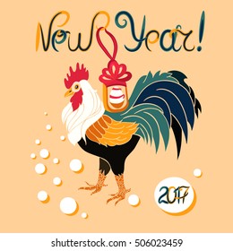 Year of the Fire Rooster. Vector illustration bright rooster on a light background made by hand. The Holiday Symbol of 2017. Can be used for greeting card, packaging, textile or print.