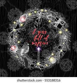 A year full of surprises, handwritten Christmas wishes for holiday greeting cards. Handdrawn lettering. Christmas and New Year card design by hand.