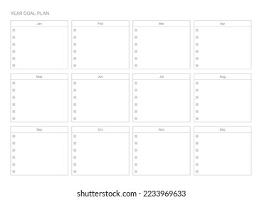 A year goal plan template with a simple and minimal style. Note, scheduler, diary, calendar planner document template illustration.