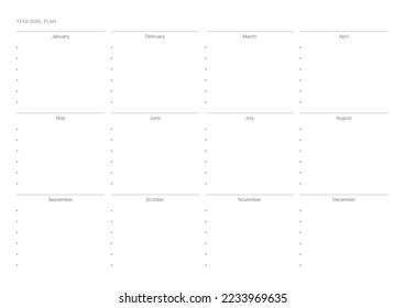 A year goal plan template with a simple and minimal style. Note, scheduler, diary, calendar planner document template illustration.