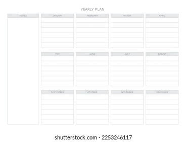 A year goal plan template with a simple and minimal style. Note, scheduler, diary, calendar planner document template illustration.