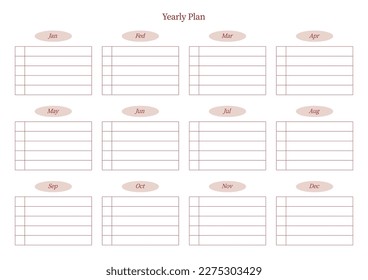 A year goal plan template with a simple and minimal style. Note, scheduler, diary, calendar planner document template illustration.