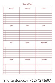 A year goal plan template with a simple and minimal style. Note, scheduler, diary, calendar planner document template illustration.
