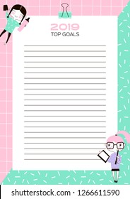 Year Goals Planner template with funny kawaii girls. Flat vector illustration.Cute office stationery. 