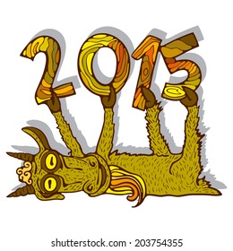 Year of Goat, 2015 Animal with horns interacts with calendar numbers. Caricature illustration