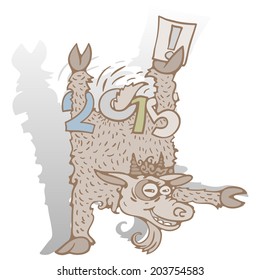 Year of Goat, 2015 Animal with horns interacts with calendar numbers. Caricature illustration