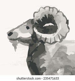 Year of the goat. Vector illustration of mountain goat, symbol of New Year. Watercolor (hand draw).