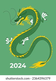 Year of green Dragon. Chinese zodiac symbol. Abstract vector illustration dragon. Happy new year 2024. Asian monster animal with fiery tongue, gold mane, scales, long tail. Card template, poster, art