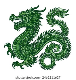 Year of the Green Wood Dragon, 2024. Green dragon for greeting cards, cartoon style invitations and lettering. Vector on white background.