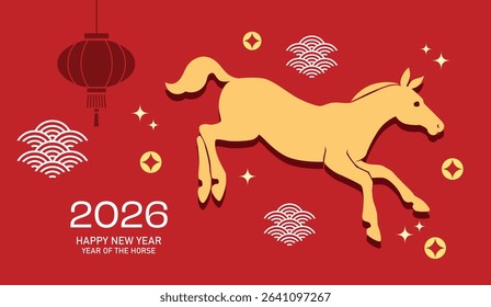 Year of the horse 2026 banner with baby foal. Lunar new year 2026 greeting card with zodiac horse silhouette and hanging lanterns decorations.