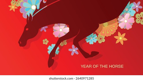 Year of the horse 2026 banner card vector with flowers decorations. Lunar new year 2026 celebration poster with zodiac horse silhouette on spring flowers background.