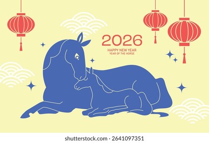 Year of the horse 2026 card minimalist style with family. Lunar new year 2026 cute greeting card or banner with zodiac horses, mare and foal together.
