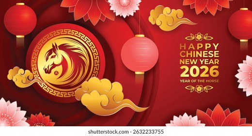 Ano do cavalo 2026, ano novo chinês celebração banner design Tradução: Cavalo