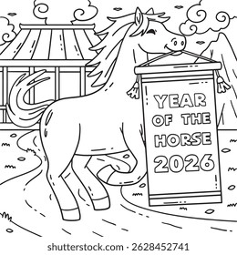 Ano do cavalo 2026 Página de colorir para crianças 