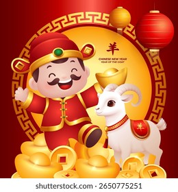 Year of The Horse 2026, Cute 3D God of Wealth and Zodiac Goat with golden ingots. Translation : Goat