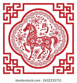 Year of the horse 2026 frame design, horse silhouette sign. Translation : Horse