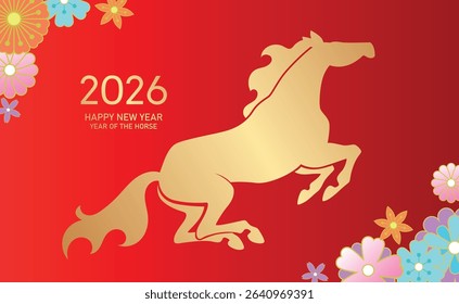 Year of the horse 2026 gold and red banner with flowers decorations Lunar new year celebration card with golden zodiac horse silhouette on floral background. Zodiac horse with spring flowers.