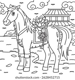 Year of the Horse 2026 with Lotus Coloring Page 