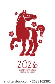  Year of the horse 2026 poster chinese paper cut style. Zodiac horse vector illustration with plum blossoms pattern.