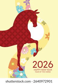 Year of the horse 2026 poster flowers decorations. Lunar new year 2026 minimalist greeting card with zodiac horse silhouette.