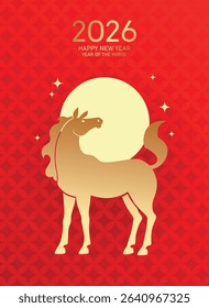Year of the horse 2026 poster vector design. Lunar new year 2026 modern and minimalist greeting card with zodiac horse silhouette on moon background.