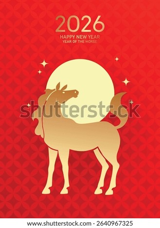 Year of the horse 2026 poster vector design. Lunar new year 2026 modern and minimalist greeting card with zodiac horse silhouette on moon background.