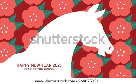 Year of the horse 2026 profile close-up card. Zodiac horse portrait on floral background.