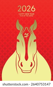 Year of the horse 2026 realistic face close-up. Zodiac horse portrait gold and red card illustration. Chinese text translation: "Horse"(zodiac).
