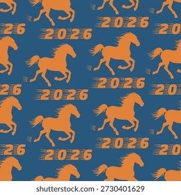 Year of the horse 2026 seamless pattern features running horses on a blue background