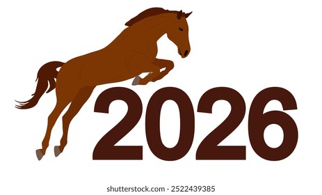 Ano do cavalo. Cavalo pardo saltando sobre o sinal de ano 2026. Ilustração vetorial 