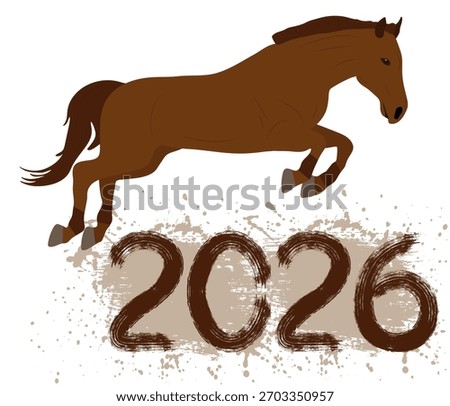 Year of horse. Brown horse jumping over 2026 year sign. Vector illustration