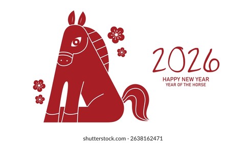 Year of the horse card 2026 in paper cut style. Stylized zodiac horse vector illustration with plum blossoms pattern.