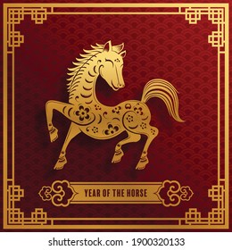 Year of the horse for chinese new year 2026,2038 or chinese fastival , lucky zodiahc lucky of the year red and gold paper cut with craft style on background.