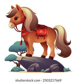 Year of the horse Chinese zodiac signs, with cute 3D colorful Horse illustration. Translation : Horse