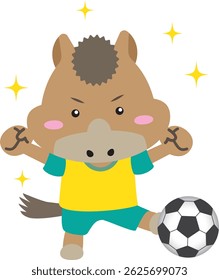 [Year of the Horse] Energetic Horse Character Playing Soccer – Ideal for New Year Cards, Sports and Kids Content