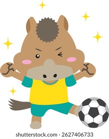[Year of the Horse] Energetic Horse Character Playing Soccer – Ideal for New Year Cards, Sports and Kids Content