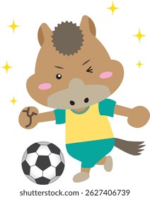 [Year of the Horse] Energetic Horse Character Playing Soccer – Ideal for New Year Cards, Sports and Kids Content