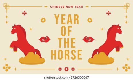 Jahr des Pferdes Grußhintergrund mit stehenden roten Pferden auf jeder Seite perfekt für chinesische Neujahrsfeiern, Ferienveranstaltungen und kulturelle Designs.