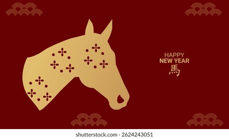 Year horse Happy chinese new year 2026...Silhouette gold horse on red background Banner. Vector...
