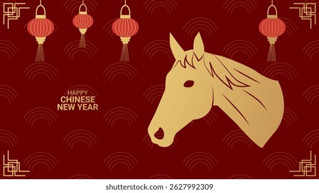 Year horse Happy chinese new year 2026...Silhouette gold horse on red background Banner. Vector...
