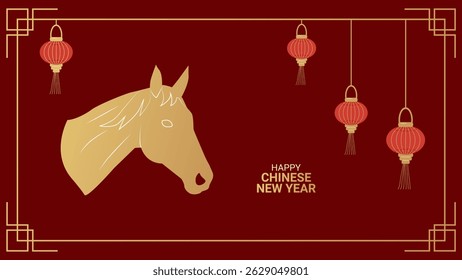 Year horse Happy chinese new year 2026...Silhouette gold horse on red background Banner. Vector...