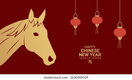 Year horse Happy chinese new year 2026...Silhouette gold horse on red background Banner. Vector...