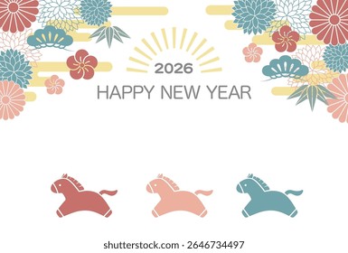 The Year Of The Horse New Year’s Greeting Card Template With Cute Galloping Horses, Japanese Vintage Floral Decoration, And Text Space. Vector Flat Style Illustration.