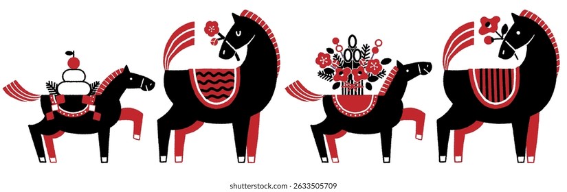Year of the Horse New Year's Card Illustration Set (A colorful New Year's celebration with a mother and her baby horse)