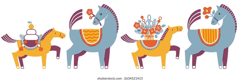 Year of the Horse New Year's Card Illustration Set (A colorful New Year's celebration with a mother and her baby horse)