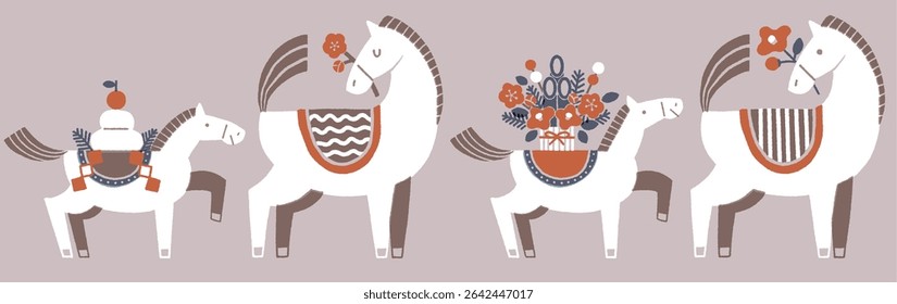 Year of the Horse New Year's Card Illustration Set (A colorful New Year's celebration with a mother and her baby horse)